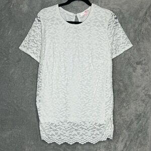 Teddi Rose XL Shirt Top White Floral Short Sleeve Scoop Neck Lace Over Stretch